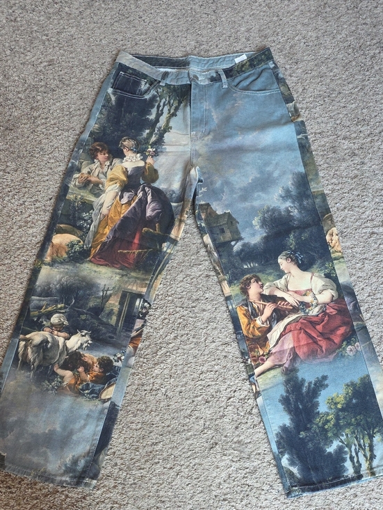 Denim - Art Print High-Waist Wide Leg Jeans - Pastel Scenic Tapestry